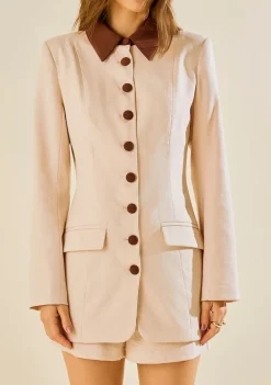 Blazer Morena Rosa Ajustado Manga Longa Alongado Bege