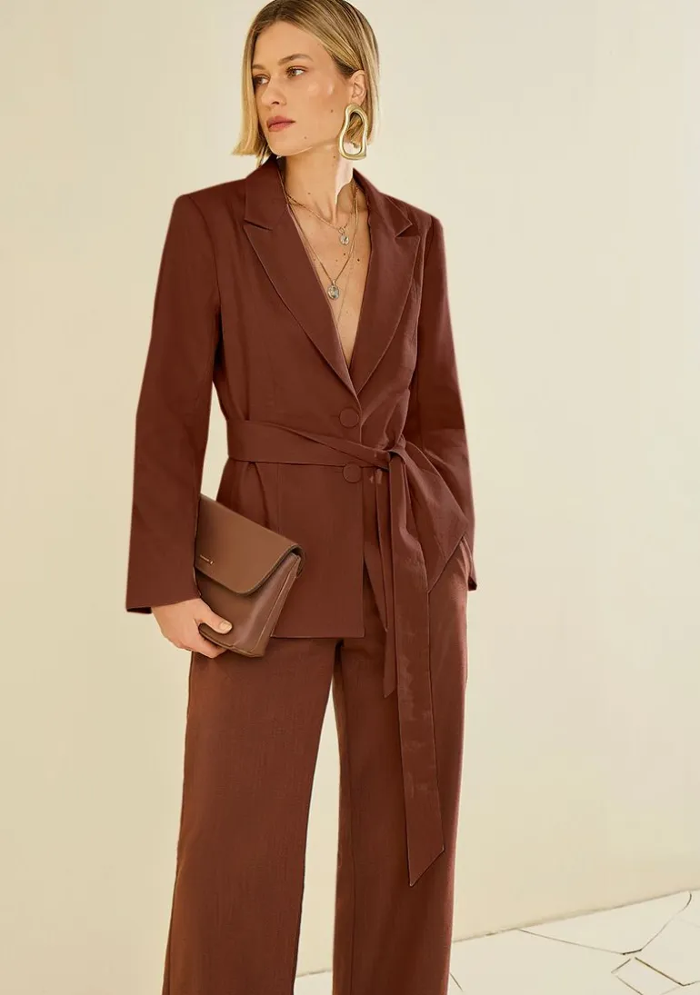 Blazer Morena Rosa Solto Manga Longa Padrão Marrom