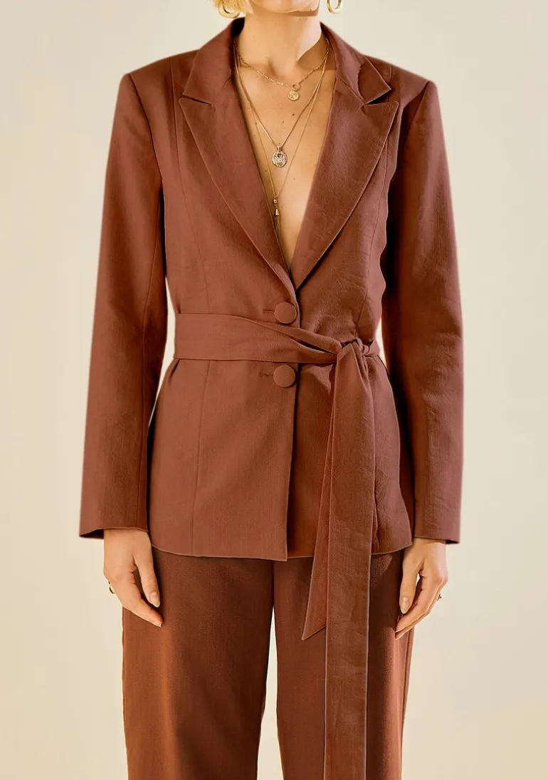 Blazer Morena Rosa Solto Manga Longa Padrão Marrom