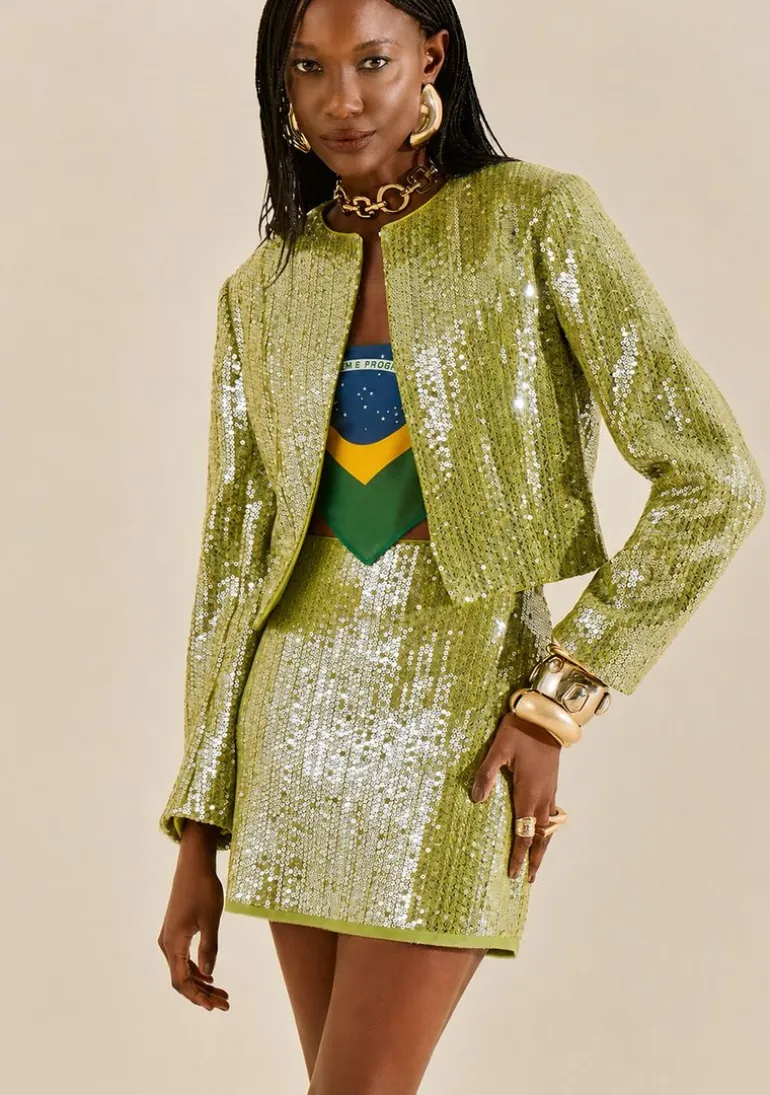 Blazer Morena Rosa Solto Manga Longa Cropped Verde