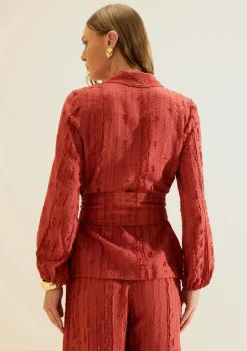 Blazer Morena Rosa Solto Manga Longa Padrão Vermelho