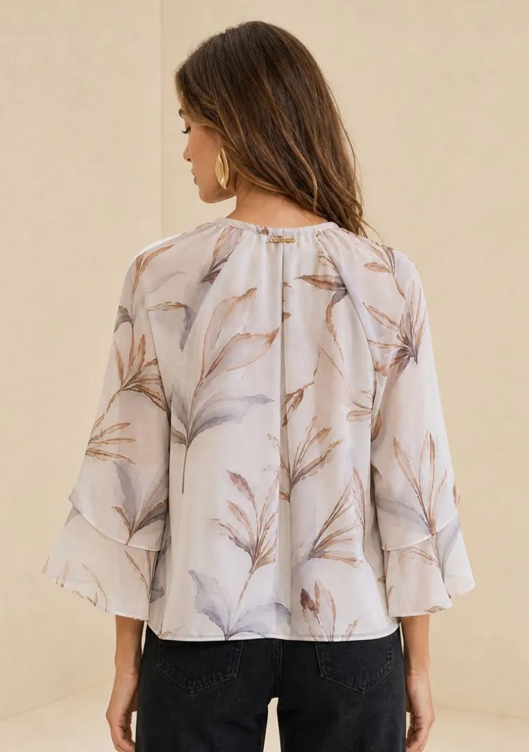 Blusa Decote V Flora Azul