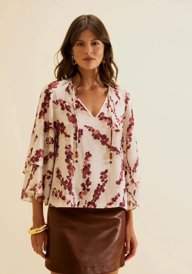 Blusa Decote V Flora Bege