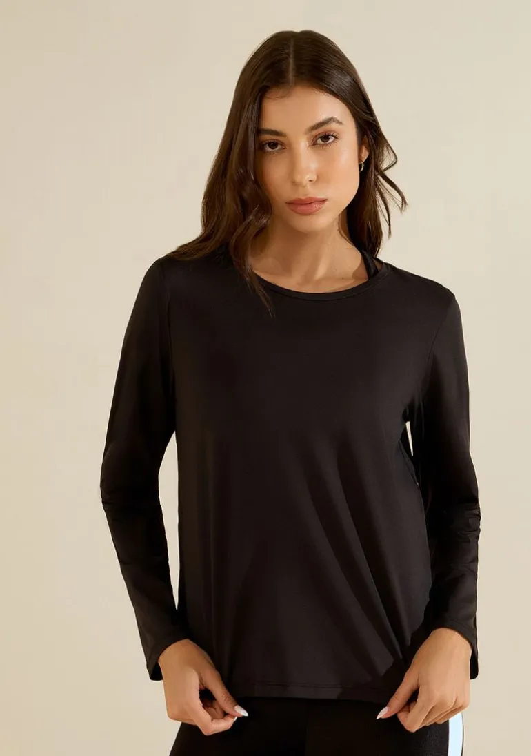 Blusa Morena Rosa Ajustada Decote Careca Manga Longa Padrão Preto