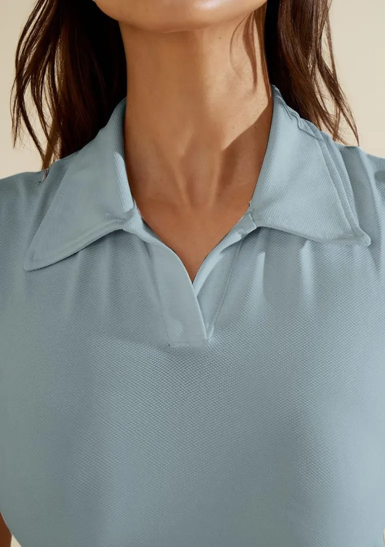 Blusa Morena Rosa Ajustada Decote V Manga Curta Cropped Azul