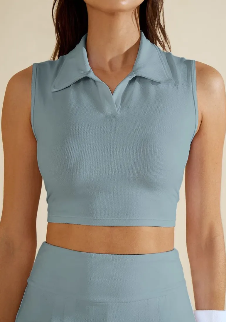 Blusa Morena Rosa Ajustada Decote V Manga Curta Cropped Azul