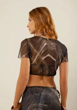 Blusa Morena Rosa Ajustada Decote Careca Manga Curta Cropped Preto/Branco
