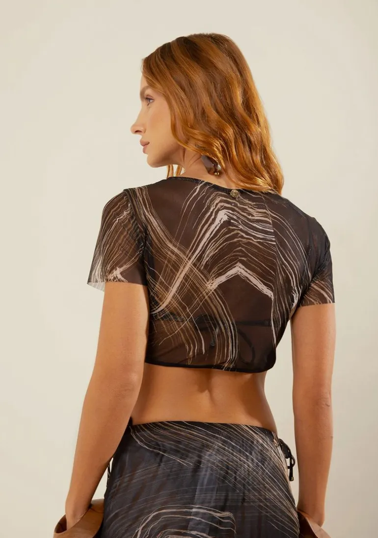 Blusa Morena Rosa Ajustada Decote Careca Manga Curta Cropped Preto/Branco