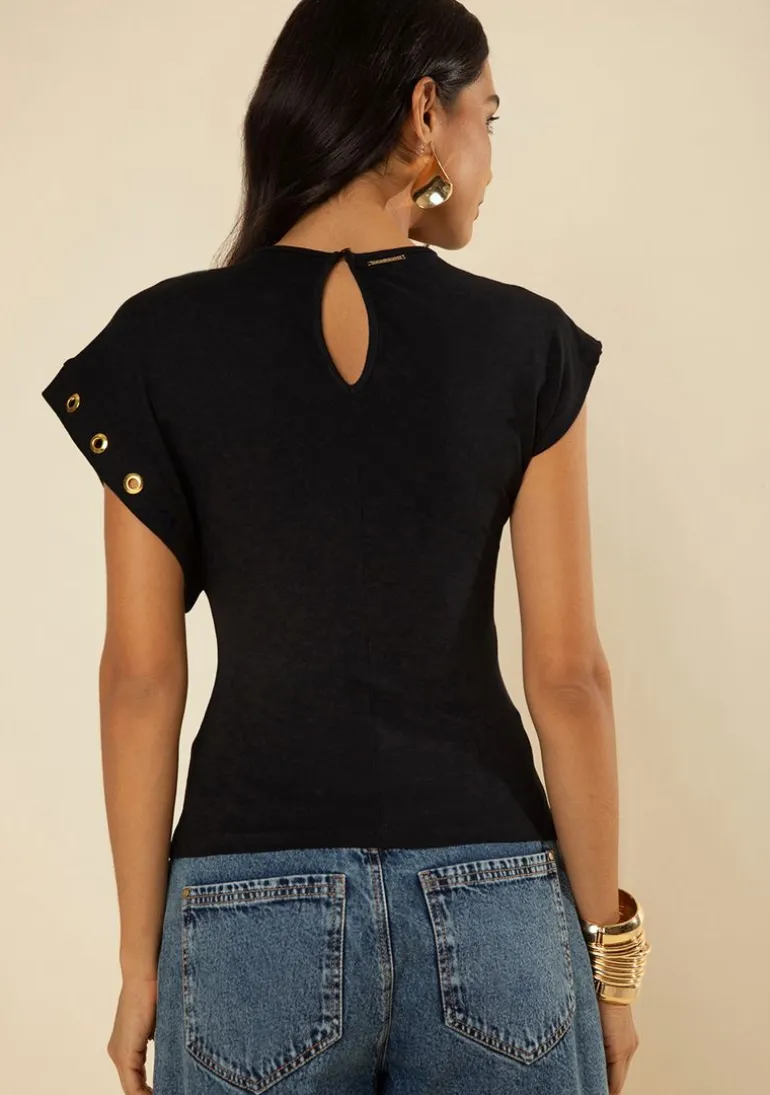 Blusa Morena Rosa Ajustada Decote Careca Manga Curta Padrão Preto