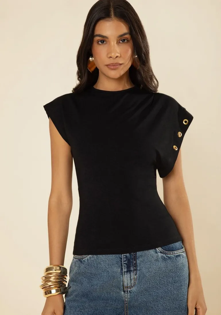 Blusa Morena Rosa Ajustada Decote Careca Manga Curta Padrão Preto