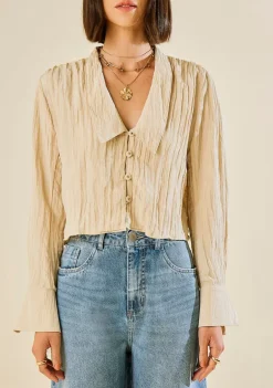 Blusa Morena Rosa Ajustada Decote V Manga Longa Padrão Bege