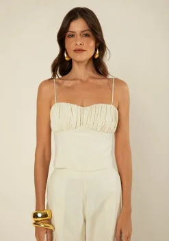 Blusa Morena Rosa Ajustada Decote Reto Sem Manga Padrão Bege
