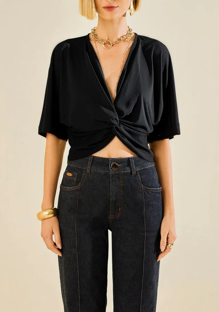 Blusa Morena Rosa Ajustada Decote V Manga Curta Padrão Preto