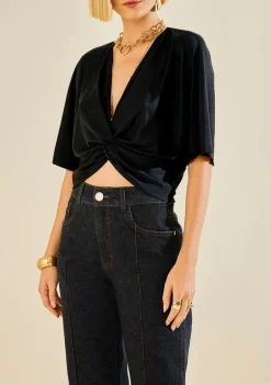 Blusa Morena Rosa Ajustada Decote V Manga Curta Padrão Preto