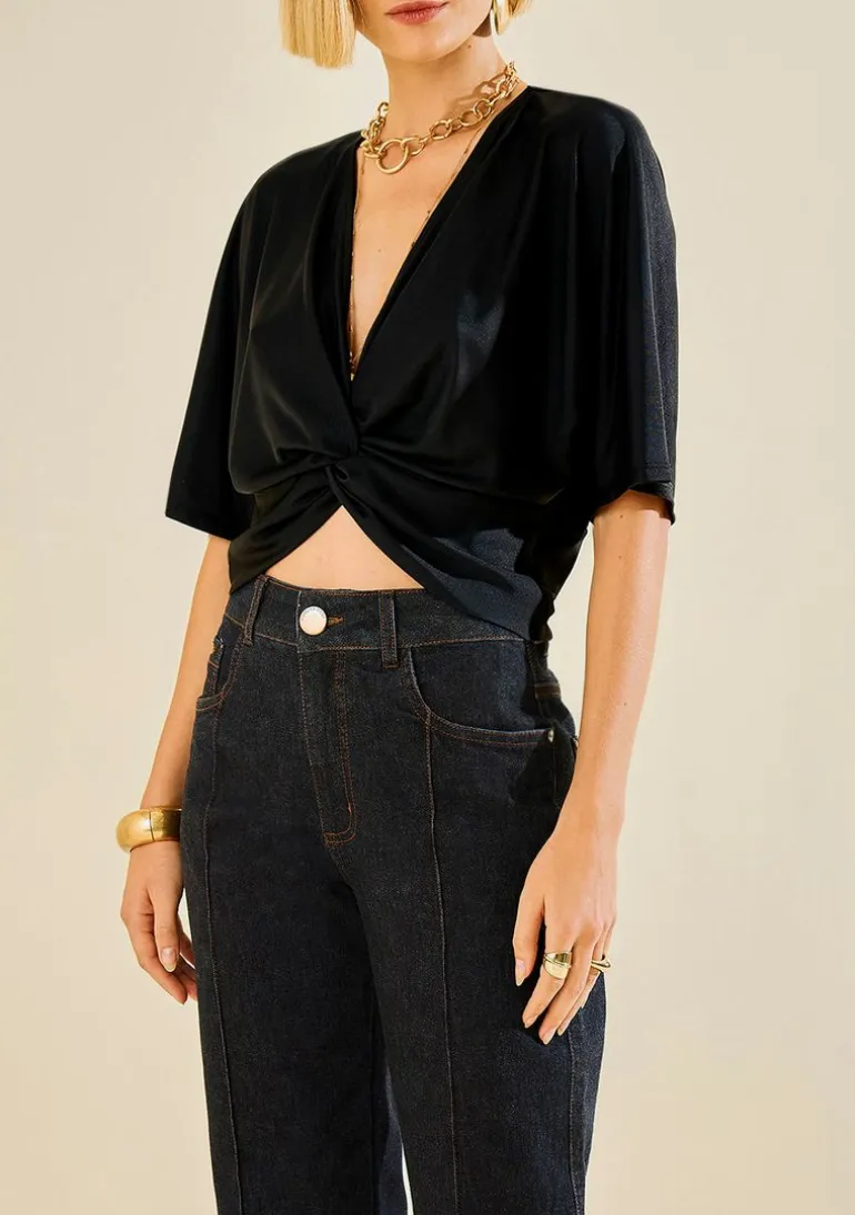 Blusa Morena Rosa Ajustada Decote V Manga Curta Padrão Preto