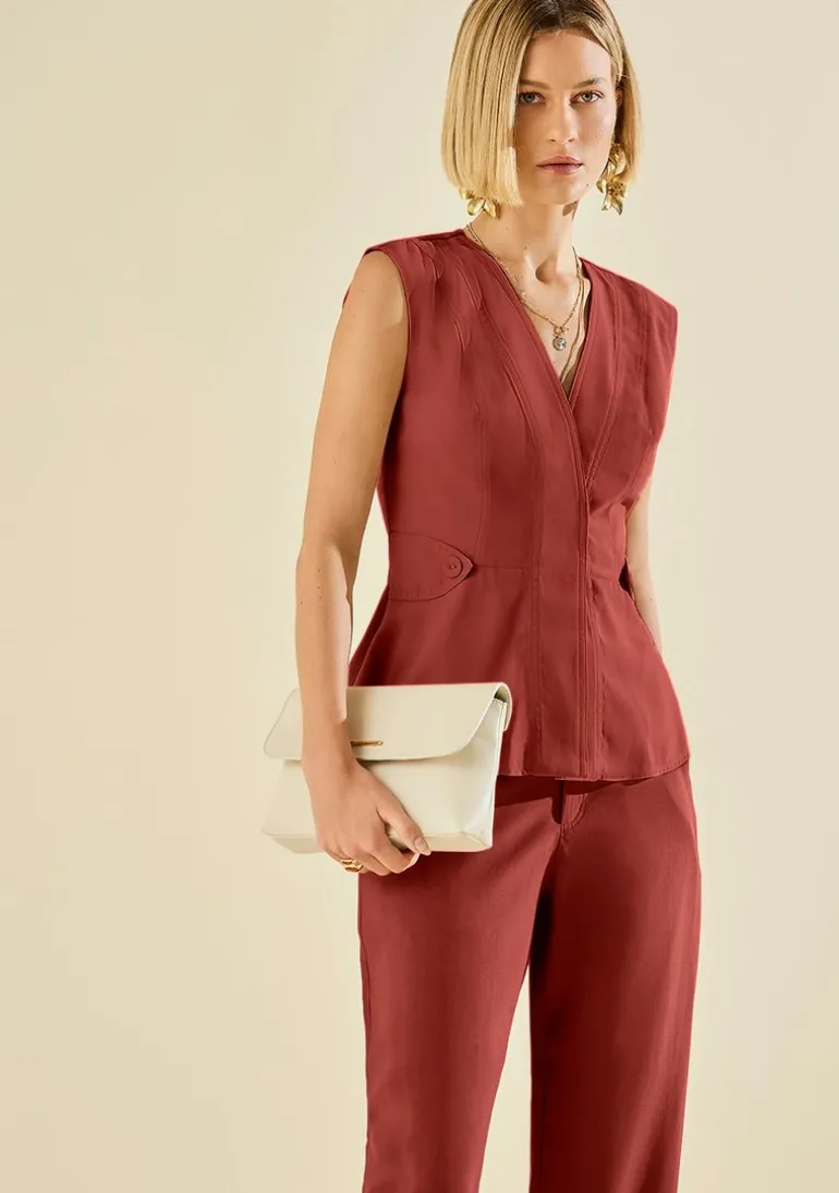 Blusa Morena Rosa Ajustada Decote V Sem Manga Padrão Vermelho