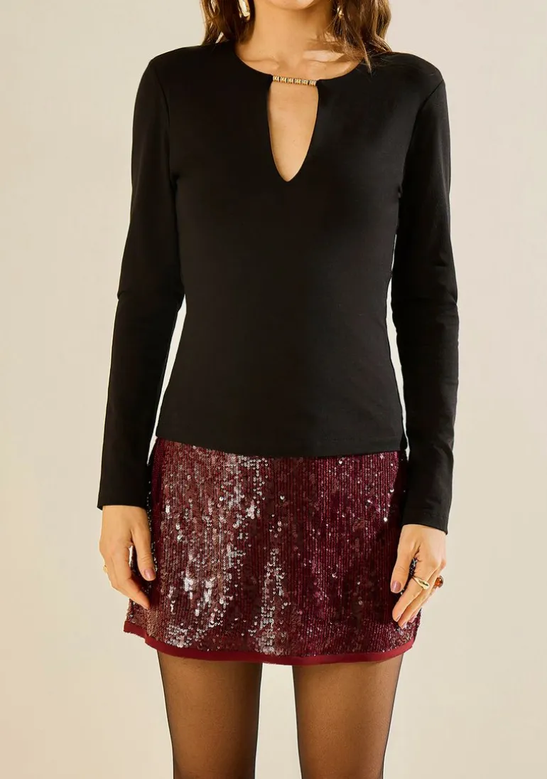 Blusa Morena Rosa Ajustada Decote V Manga Longa Padrão Preto