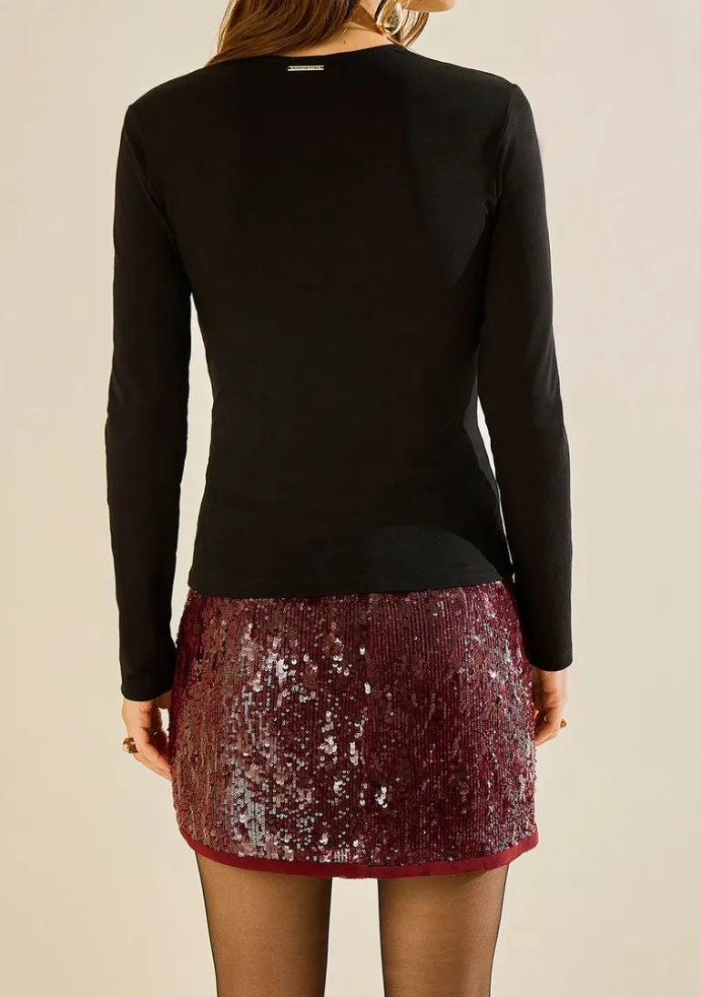 Blusa Morena Rosa Ajustada Decote V Manga Longa Padrão Preto