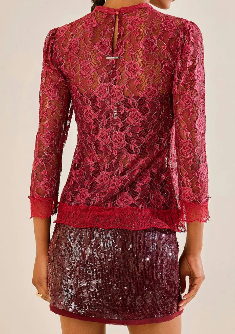 Blusa Morena Rosa Ajustada Decote Careca Manga Curta Padrão Bordo