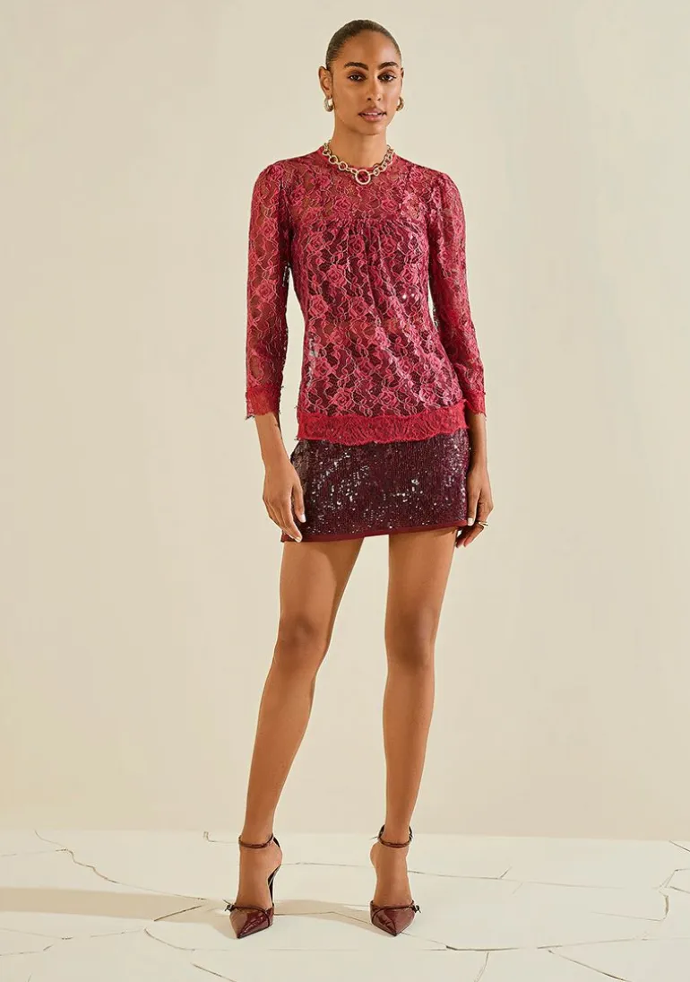 Blusa Morena Rosa Ajustada Decote Careca Manga Curta Padrão Bordo