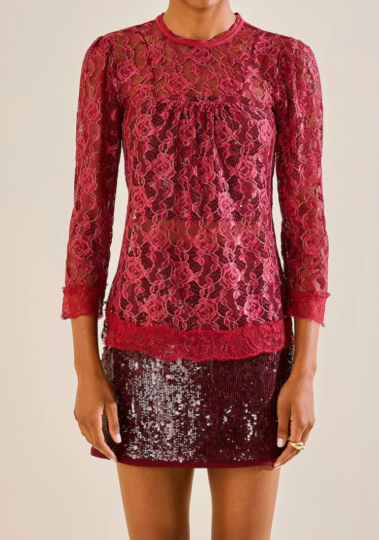 Blusa Morena Rosa Ajustada Decote Careca Manga Curta Padrão Bordo