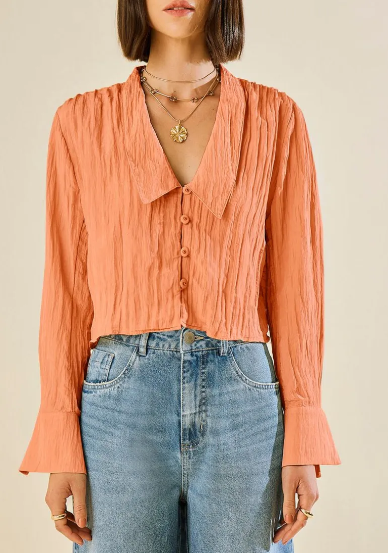 Blusa Morena Rosa Ajustada Decote V Manga Longa Padrão Marrom