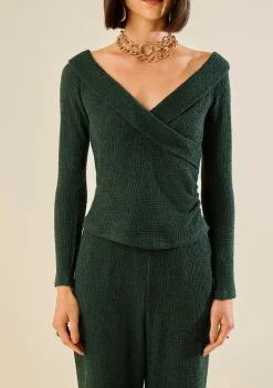 Blusa Morena Rosa Ajustada Decote Transpassado Manga Longa Padrão Verde
