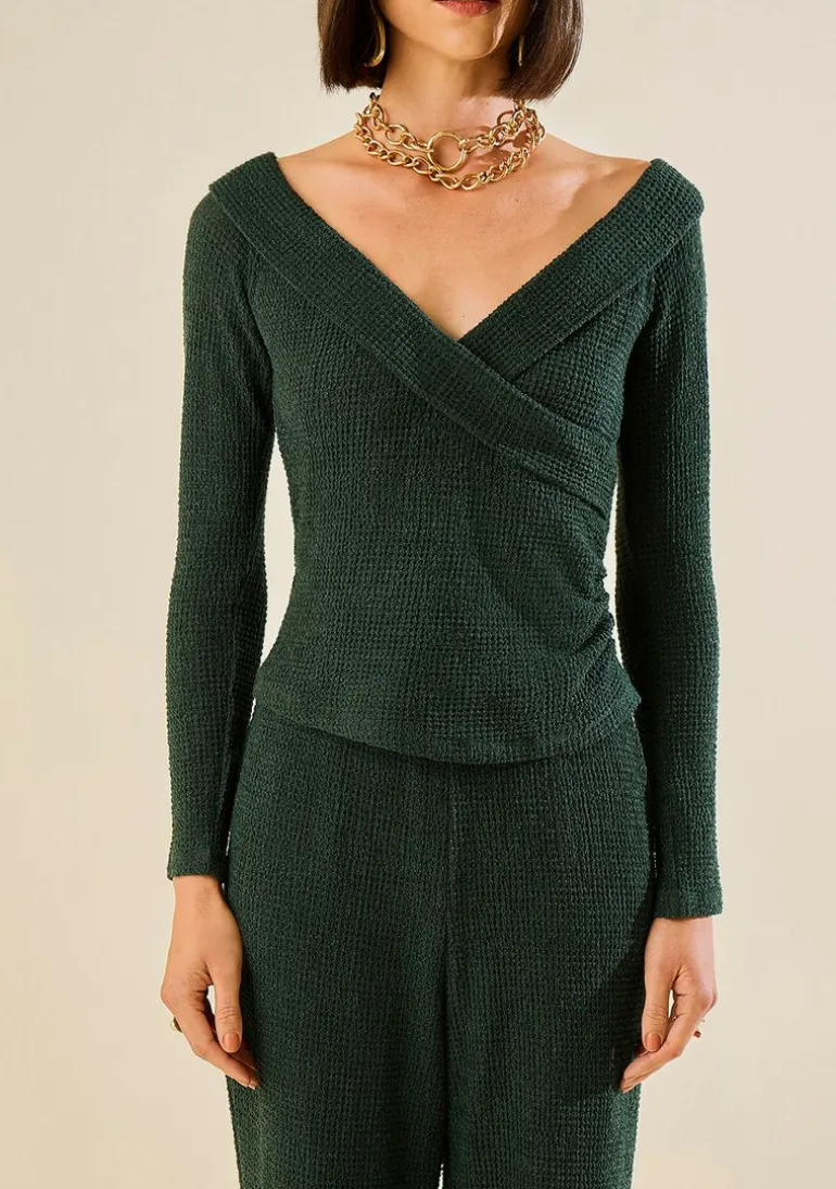 Blusa Morena Rosa Ajustada Decote Transpassado Manga Longa Padrão Verde