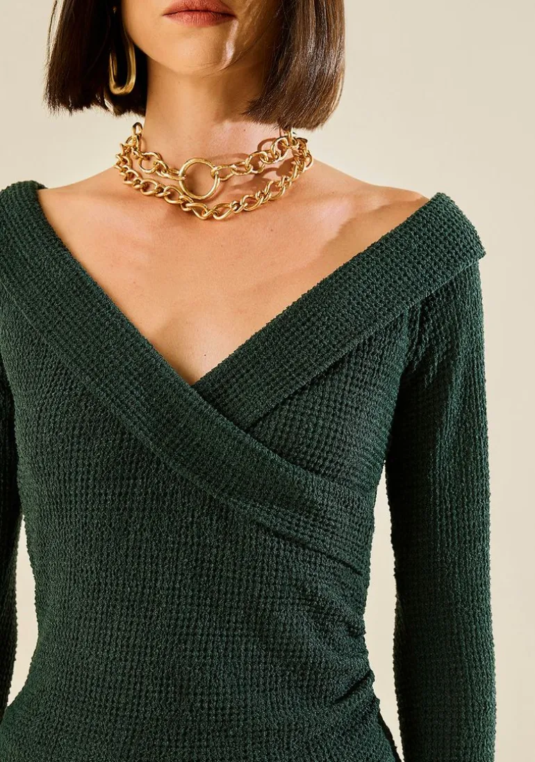 Blusa Morena Rosa Ajustada Decote Transpassado Manga Longa Padrão Verde