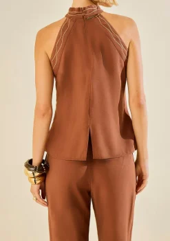 Blusa Morena Rosa Ajustada Gola Alta Sem Manga Alongada Marrom