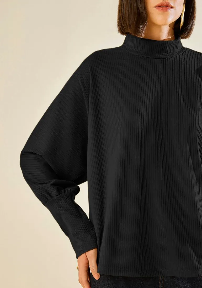 Blusa Morena Rosa Ajustada Gola Alta Manga Longa Padrão Preto