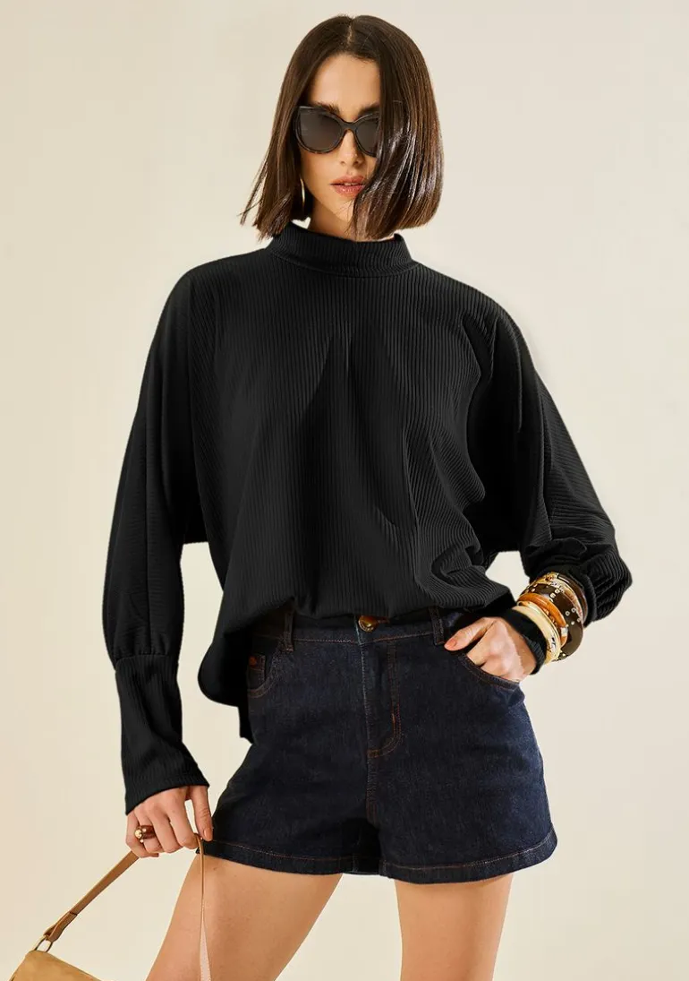 Blusa Morena Rosa Ajustada Gola Alta Manga Longa Padrão Preto