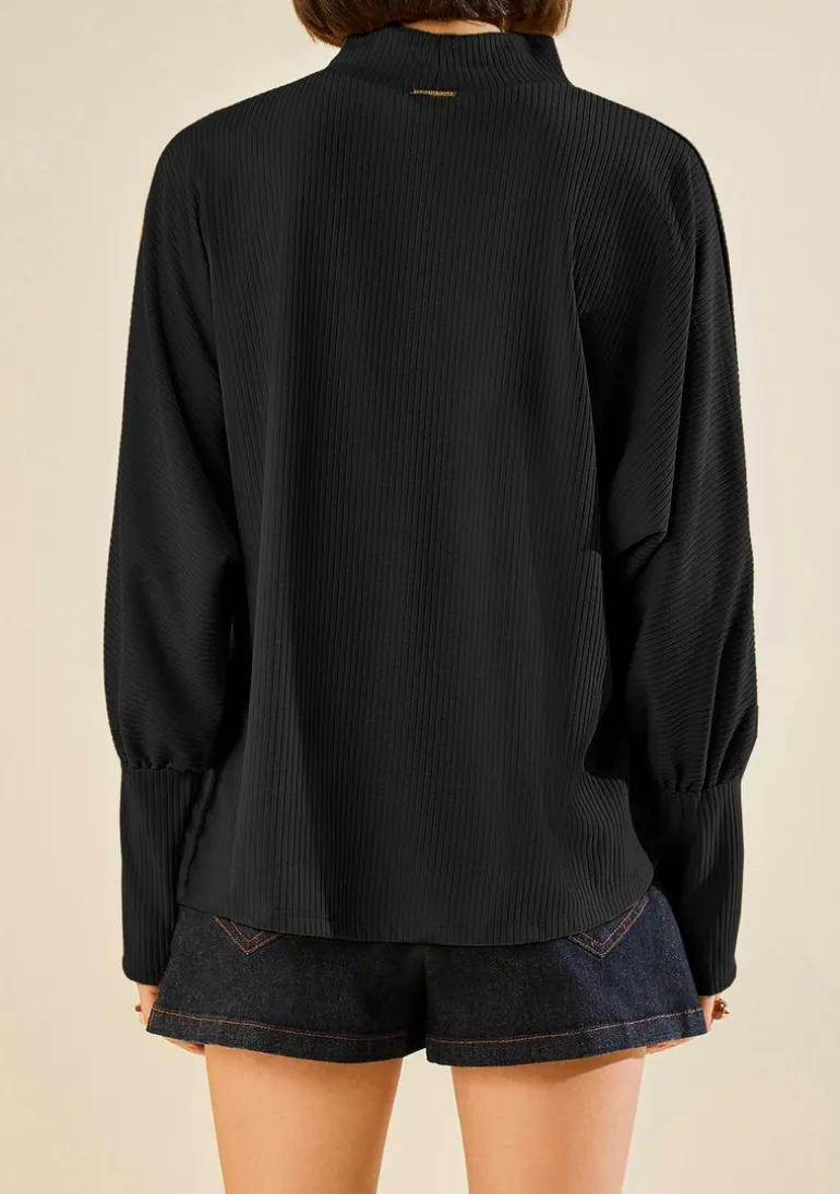 Blusa Morena Rosa Ajustada Gola Alta Manga Longa Padrão Preto