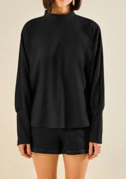 Blusa Morena Rosa Ajustada Gola Alta Manga Longa Padrão Preto