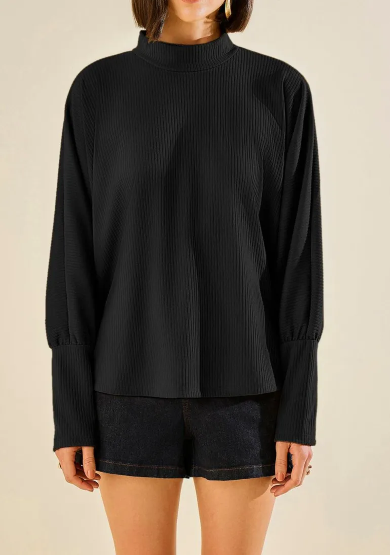 Blusa Morena Rosa Ajustada Gola Alta Manga Longa Padrão Preto