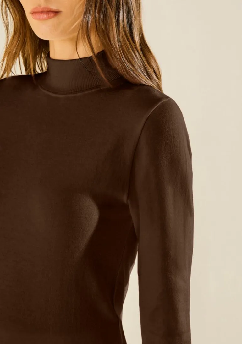 Blusa Morena Rosa Ajustada Gola Alta Manga Longa Padrão Marrom