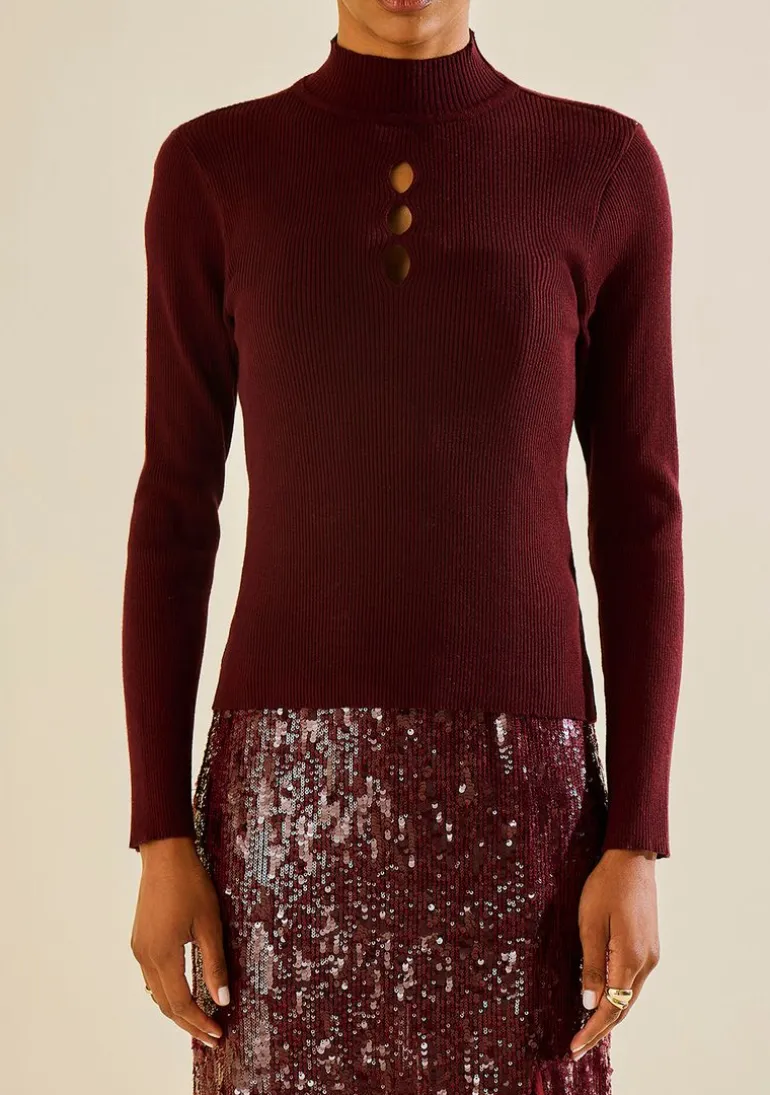 Blusa Morena Rosa Ajustada Gola Alta Manga Longa Padrão Bordo