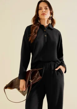 Blusa Morena Rosa Ajustada Gola Clássica Manga Longa Padrão Preto