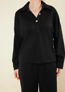 Blusa Morena Rosa Ajustada Gola Clássica Manga Longa Padrão Preto