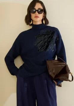Blusa Morena Rosa Ajustada Gola Alta Manga Longa Padrão Azul Escuro
