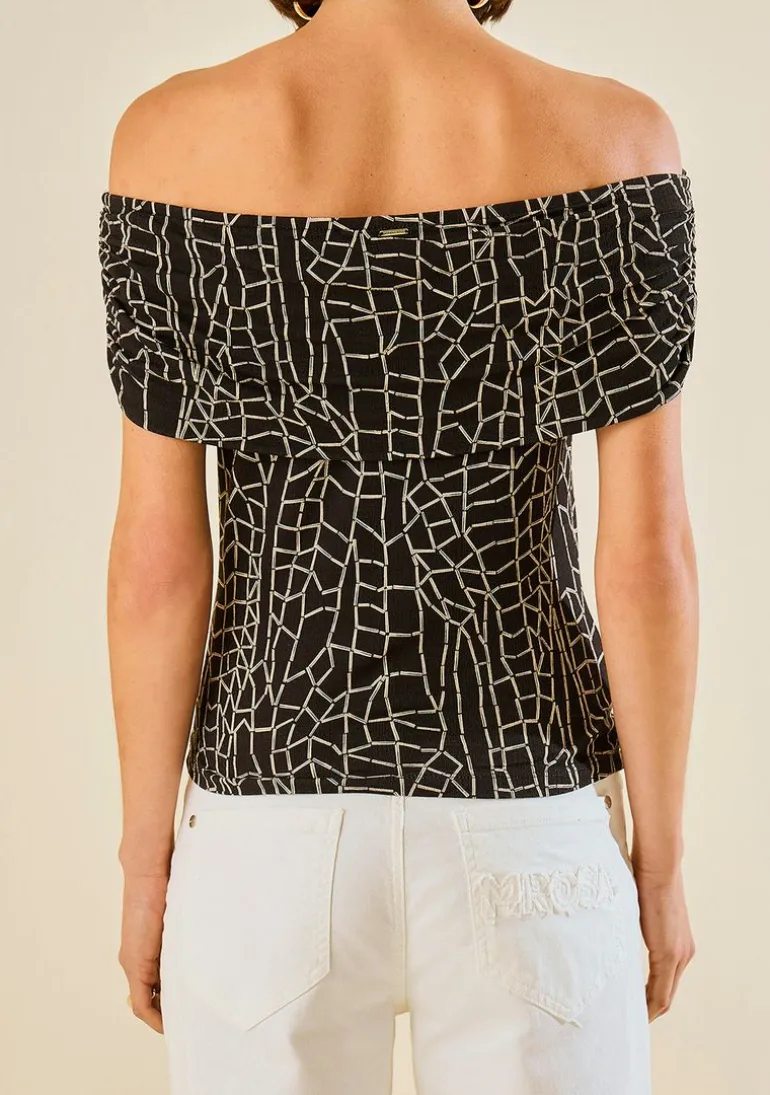 Blusa Morena Rosa Ajustada Ombro A Ombro Sem Manga Padrão Preto/Branco