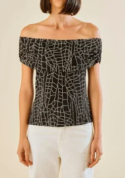Blusa Morena Rosa Ajustada Ombro A Ombro Sem Manga Padrão Preto/Branco