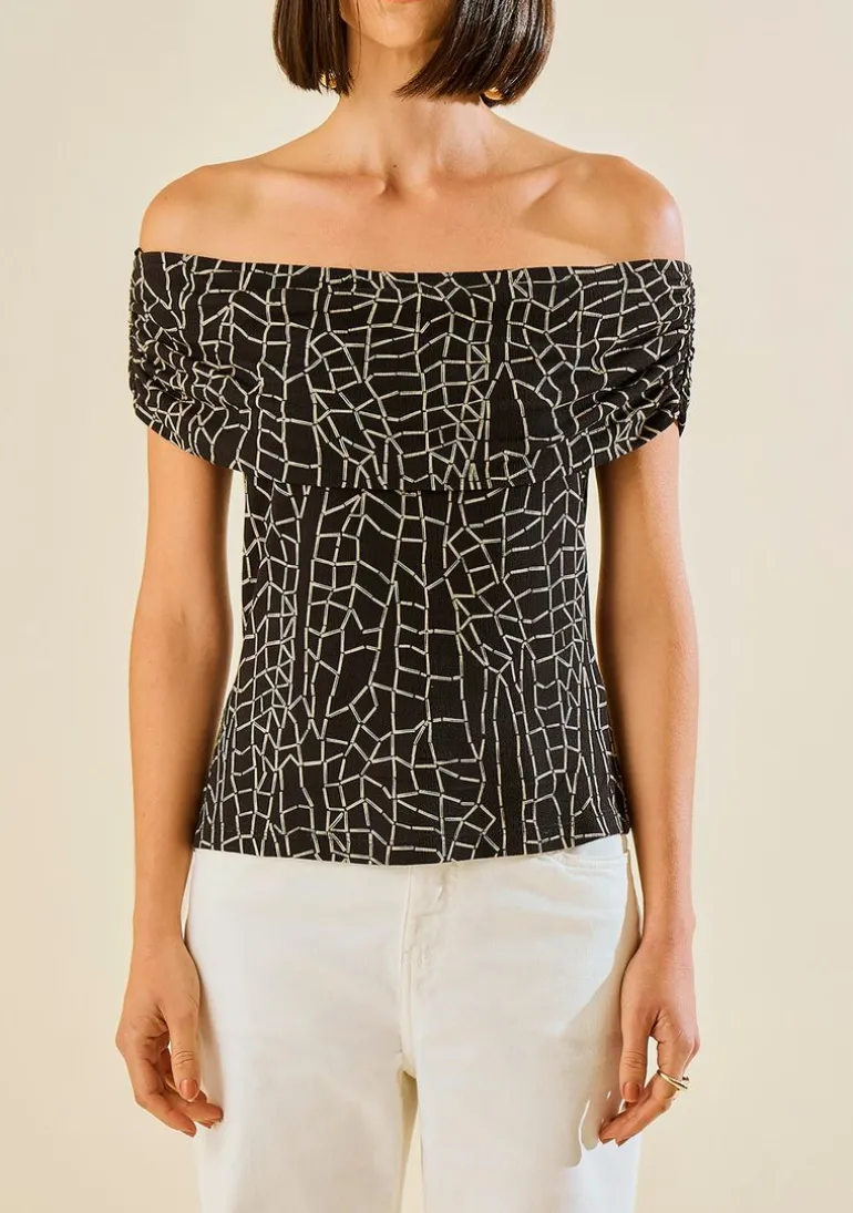 Blusa Morena Rosa Ajustada Ombro A Ombro Sem Manga Padrão Preto/Branco