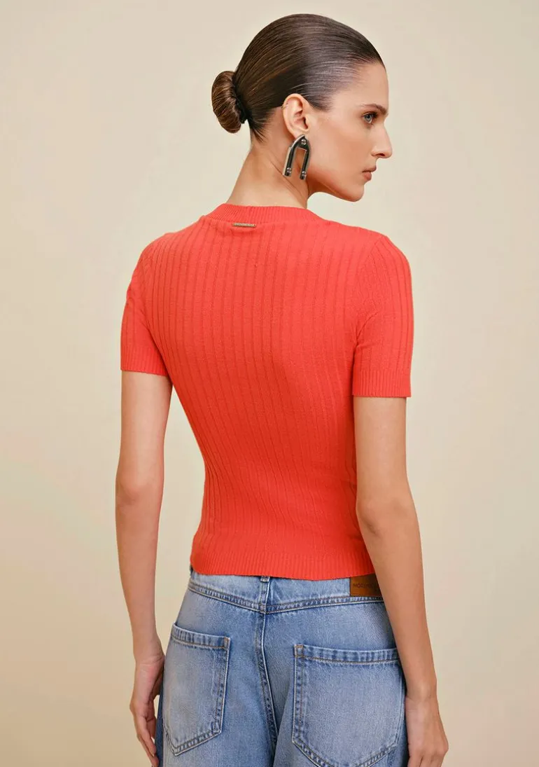 Blusa Morena Rosa Decote Redondo Manga Curta Tricôt Laranja