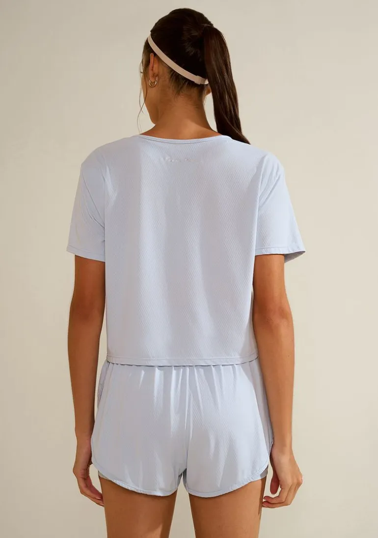 Blusa Morena Rosa Solta Decote Careca Manga Curta Cropped Azul