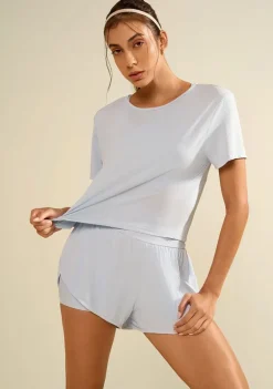 Blusa Morena Rosa Solta Decote Careca Manga Curta Cropped Azul