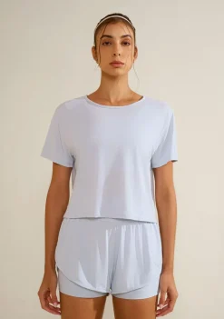 Blusa Morena Rosa Solta Decote Careca Manga Curta Cropped Azul