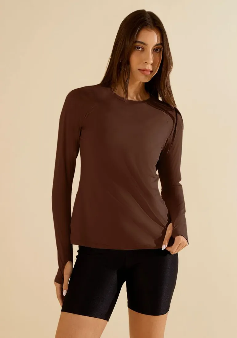 Blusa Morena Rosa Solta Decote Careca Manga Longa Padrão Marrom