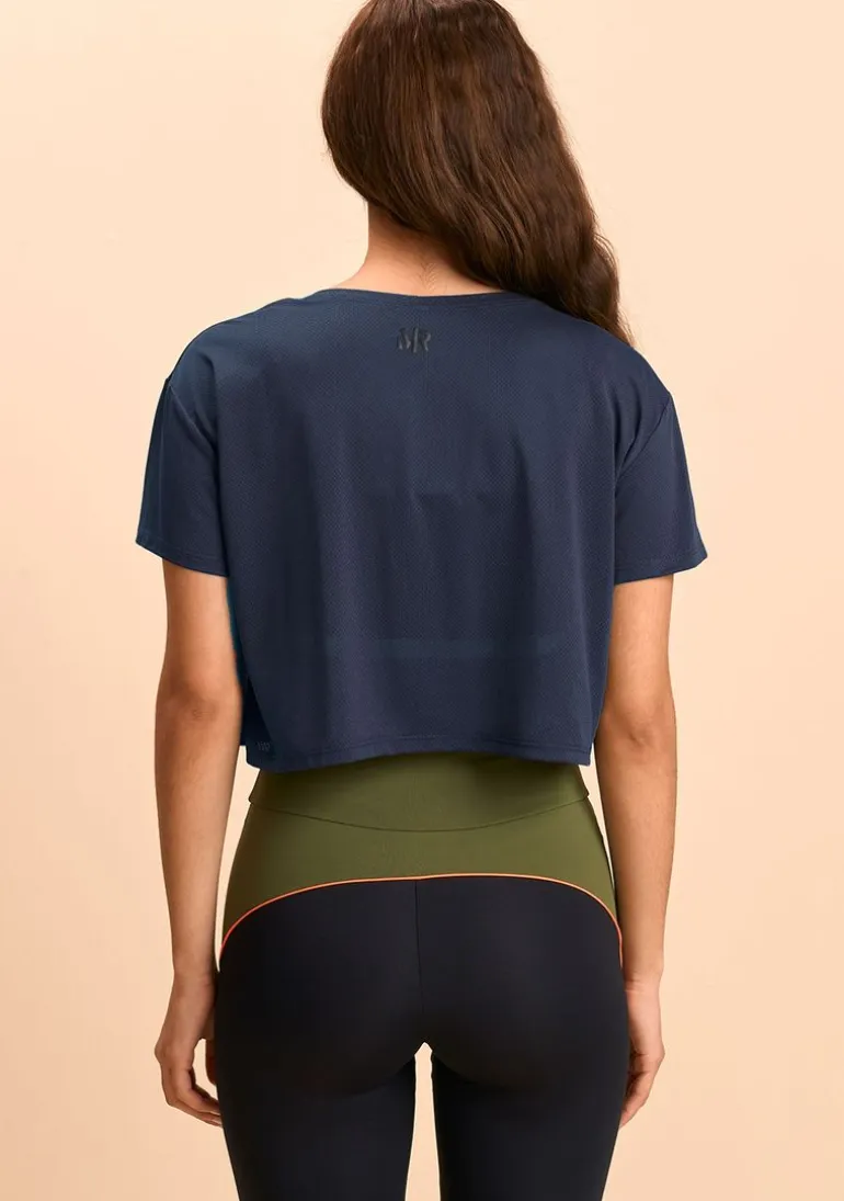 Blusa Morena Rosa Solta Decote Careca Manga Curta Cropped Azul Escuro