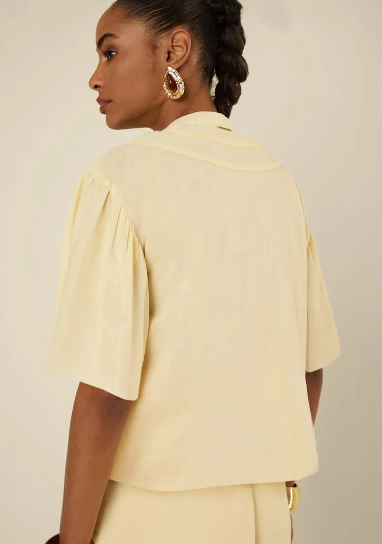 Blusa Morena Rosa Solta Decote V Manga Curta Padrão Amarelo
